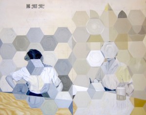 Betsning av bord i två steg. Olja på pannå, 65x54, 2011-12.