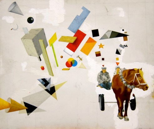 Den ryska konstruktivismen anfaller bonden och hans hustru från den stora kolchosen. Olja på pannå, 61x50, 2011.