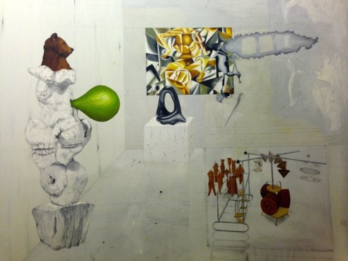 Jag gillar inte Ulf Lindes träkonstruktion som håller ihop Duchamps glas. Olja på pannå, 61x50, 2011.