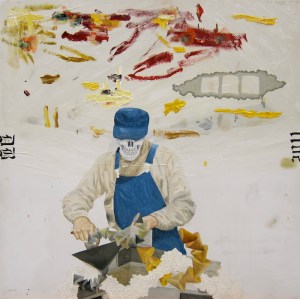 Murare, Rune Jansson-färgfläckar och Duchamp-grejor. Olja på pannå 39,5x39,5, 2011.