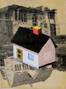 Tre hus. Akryl på fotografi, 20x15, 1990- & 2000-talet.