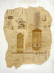 Varmvattenberedare. Akryl på tidningspapper på pannå, 50x66, 1990-tal.